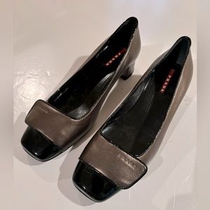 PRADA Black Patent Toe w Bronze Leather 2” Block Heel SHOES 36 6